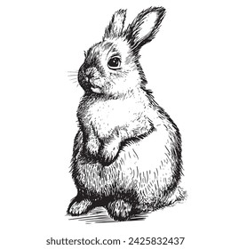 Rabbit standing sketch engraving hand drawn Vector illustration. Cute Bunny isolated on white.