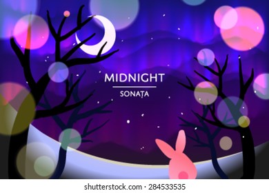 rabbit staring the moon with vivid aurora light in winter night background card