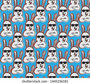 rabbit stay cool with sun glasses expression happy seamless pattern, bunny cartoon impressive, can be used for t-shirt print, kids wear fashion design, fabric, web, wallpaper and all other uses