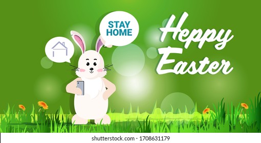 rabbit with stay home chat bubble speech happy easter spring holiday coronavirus pandemic concept landscape background horizontal greeting card vector illustration