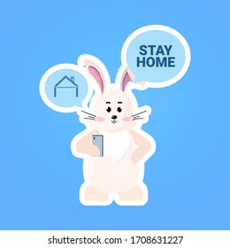 rabbit with stay home chat bubble speech happy easter spring holiday coronavirus pandemic concept cute bunny sticker vector illustration
