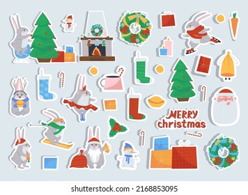 Rabbit stickers and christmas. Collection of character hare and items for the holiday. Decorations for Christmas decor. Flat illustration. Eps10