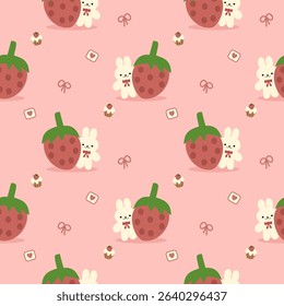 Rabbit and strawberry cartoon so cute. On cupcake bow heart pink background. Pattern seamless vector illustration. 