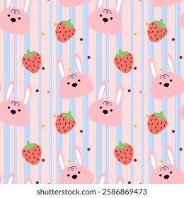 Rabbit, Strawberry on pink background, Blue stripes, Fabric pattern, Gift wrapping paper, Notebook cover, Phone case , seamless pattern 