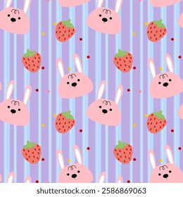 Rabbit, Strawberry on purple background, Blue stripes, Fabric pattern, Gift wrapping paper, Notebook cover, Phone case , seamless pattern 