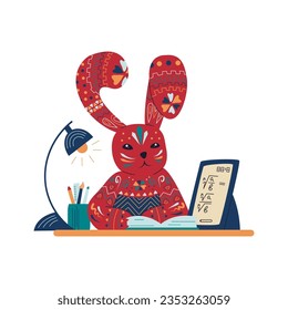 The rabbit is studying at the table. Vector illustration of a student hare. Bunny decorated with an ornament.