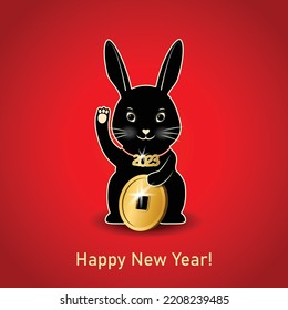 Rabbit in the style of a "lucky cat" with a coin that brings good luck - a symbol of 2023 of the Black Rabbit.
Vector illustration