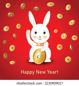 Rabbit in the style of a "lucky cat" with a coin that brings good luck - a symbol of 2023 year.
Vector illustration