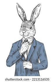 Rabbit in suit. Engraved human bunny, dressed easter hare in fashion tuxedo with tie bow, woodcut etching animal head office hipster, victorian sketch vector illustration of human rabbit suit