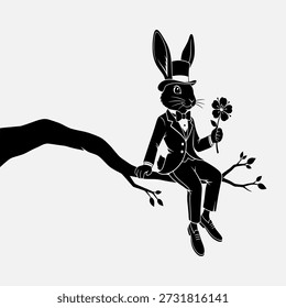 Coelho em um terno e chapéu superior sentado em um galho, segurando uma flor