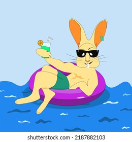 A Rabbit In Sunglasses On A Swimming Lap With A Cocktail In His Hand. Cool Hare On The Sea In Summer, Cartoon Character, Symbol Of 2023 According To The Chinese Calendar. Water Rabbit. Vector.