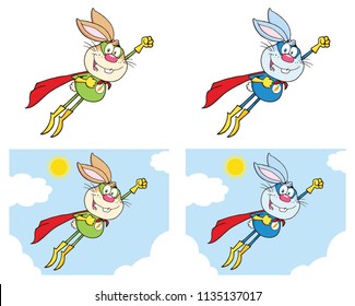 Rabbit Super Hero Cartoon Mascot Character Set 3. Vector Collection Isolated On White Background