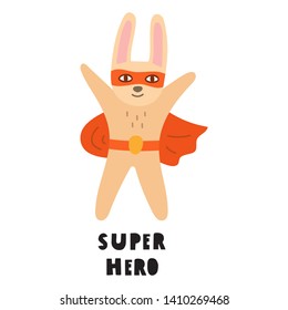 Rabbit superhero. Vector lettering icon, doodle illustration. Best for nursery, childish textile, greeting card, t shirt, print, stickers, posters design.