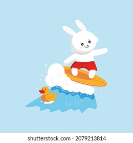 Rabbit surfer swims on a board 