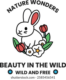 A rabbit is surrounded by flowers in the style of sign illustrations