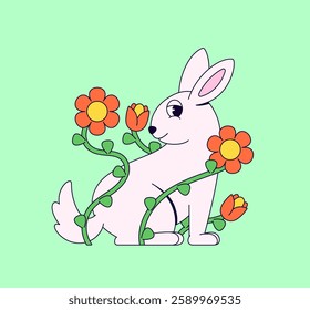A rabbit surrounded by sun flowers cartoon illustration vector