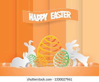 Rabbit surrounded Eggs on grass in nature orange background in spring season,Easter day concept.paper craft and Illustration style vector 