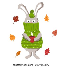 A rabbit in a sweater is holding hot tea. Children's illustration
