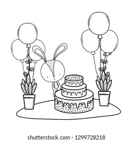 rabbit with sweet cake and balloons in the landscape
