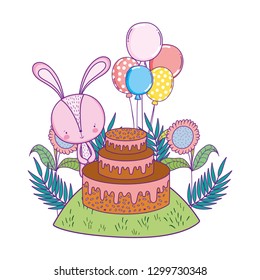 rabbit with sweet cake and balloons in the landscape