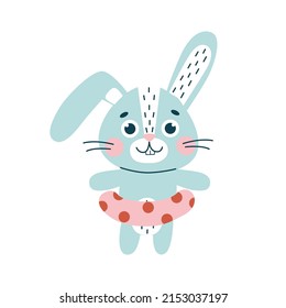 Rabbit in swim rubber ring. Cute vetor flat animal character, isolated on white background.