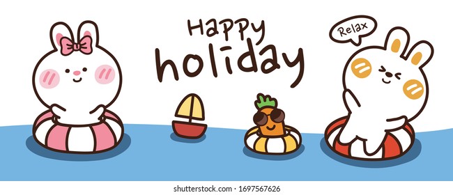 Rabbit in swimming ring with carrot and sailboat banner.Cute cartoon animal character.Happy holiday background.Summer.Vacations.Pool, sea doodle style.Image for card, poster.Vector.Illustration.
