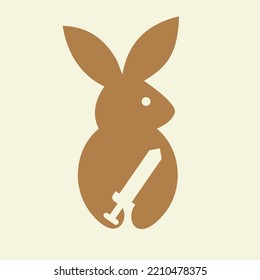 Plantilla de vectores de concepto de espacio negativo con logotipo de espadas de conejo. Símbolo de la espada de retención de conejo