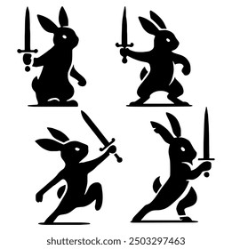 Rabbit with Sword Silhouette, Fierce and Unique Design - Flat Vector Illustration