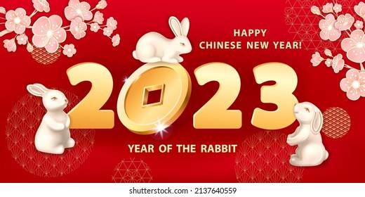 Rabbit is a symbol of the 2023 Chinese New Year. Horizontal banner with cute rabbits around number 2023, decorative sakura flowers on red background. The wish of wealth, monetary luck 