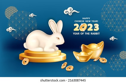 Rabbit is a symbol of the 2023 Chinese New Year. Horizontal banner with cute white rabbit, realistic gold ingots Yuan Bao on and coins on a dark blue background. The wish of wealth, monetary luck 