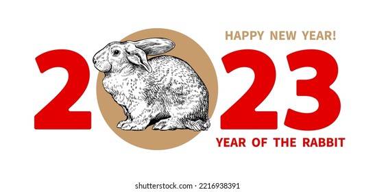 Rabbit is a symbol of the 2023 Chinese New Year. Hand drawn black ink sketch of Rabbit. Holiday vector illustration of decorative Zodiac Sign of Bunny