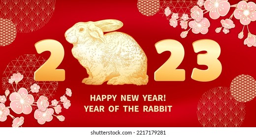 Rabbit is a symbol of the 2023 Chinese New Year. Horizontal banner with hand drawn Rabbit, decorative sakura flowers on red background. Holiday vector illustration of Zodiac Sign of Bunny