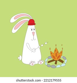 Rabbit symbol of 2023. Rabbit with marshmallows by the fire. Hiking, campaign. Calendar template.