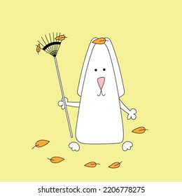 Rabbit symbol of 2023. Rabbit with rake and autumn leaves. Calendar template.