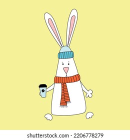 Rabbit symbol of 2023. Rabbit with scarf, hat and coffee. Calendar template.