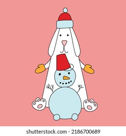 Rabbit symbol of 2023. Rabbit with snowman. Calendar template.