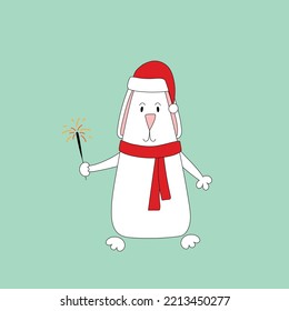 Rabbit symbol 2023. Rabbit with sparkler. Flat hand drawn vector doodle.