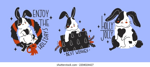 The rabbit is the symbol of the Chinese New Year. Christmas or Easter Bunny for greeting cards. Zodiac signs. Posters, prints for children's clothing and textiles. Vector illustration in cartoon style