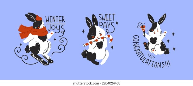 The rabbit is the symbol of the Chinese New Year. Christmas or Easter Bunny for greeting cards. Zodiac signs. Posters, prints for children's clothing and textiles. Vector illustration in cartoon style