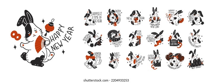 The rabbit is the symbol of the Chinese New Year. Christmas or Easter Bunny for greeting cards. Zodiac signs. Posters, prints for children's clothing and textiles. Vector illustration in cartoon style