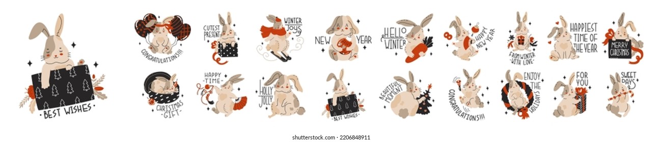 The rabbit is the symbol of the Chinese New Year. Christmas or Easter Bunny for greeting cards. Zodiac signs. Posters, prints for children's clothing and textiles. Vector illustration in cartoon style