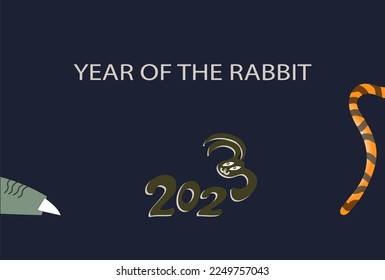 The rabbit is a symbol of the Chinese New Year 2023. The tiger's tail and the claw of the dragon are the signs of the zodiac 2022 and 2024 according to the eastern calendar. Vector in dark colors.