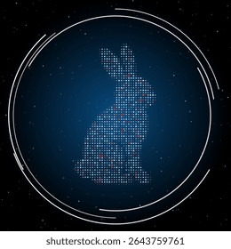 The rabbit symbol filled with white dots. Pointillism style. Some dots is red. Vector illustration on blue background with stars