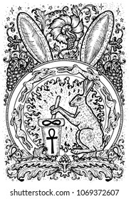 Rabbit symbol. Hare with mortar and pestle, baroque and floral decorations. Fantasy vector illustration for t-shirt, print, card, tattoo design. Zodiac animals signs of eastern calendar