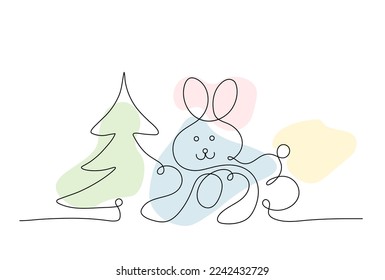 Rabbit symbol of New Year 2023. Continuous line drawing vector illustration. Christmas tree next to the zodiac animal. The numbers 2023 are inscribed in the figure of a rabbit. Copy space.