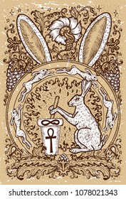 Rabbit symbol on old texture background. Hair with mortar and pestle, baroque and floral decorations in fire circle. Fantasy engraved illustration. Zodiac animals of eastern calendar