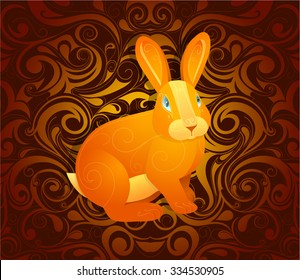 Rabbit as symbol for year 2023 by Chinese traditional horoscope with orient ornament on backdrop