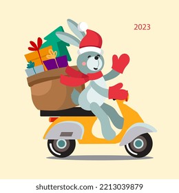 The rabbit is the symbol of the year 2023. The rabbit is carrying gifts on a moped. Christmas Bunny. Christmas card. Flat style vector illustration.