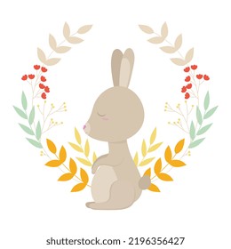 Rabbit. Symbol of the year. Rabbit on the background of a wreath of branches. Decorative frame made of twigs