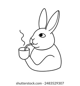 Rabbit take a cup of tea vector line art illustration icon logo